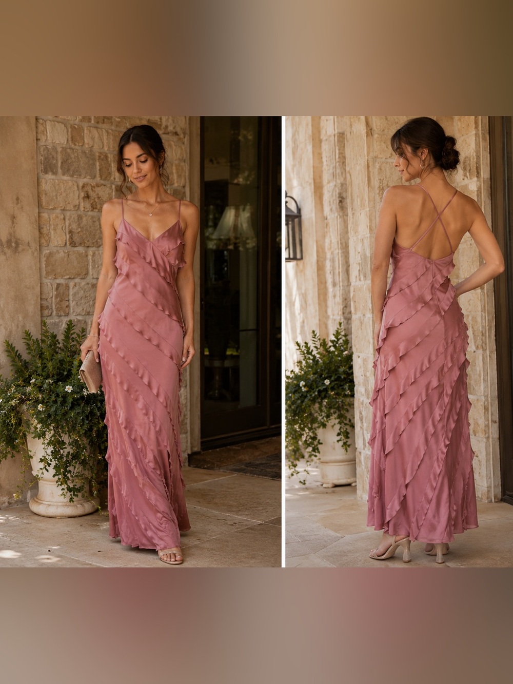Altar’d State Addison Maxi Dress L Dusty Rose Ruffle Formal Wedding Guest EUC
